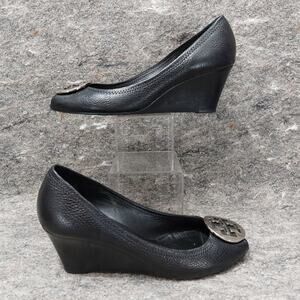 Tory Burch Selma Open Toe Wedge Women's Size 9.5 Black Leather Slip-On Designer